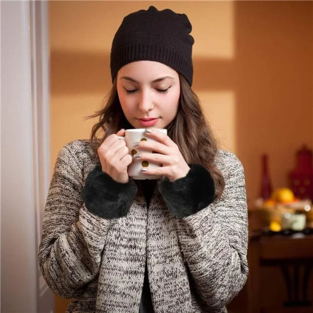 Black Fuzzy Faux Fur Pom Pom Wrist Cuffs Furry Arm Bands Arm Warmers Glove‎
